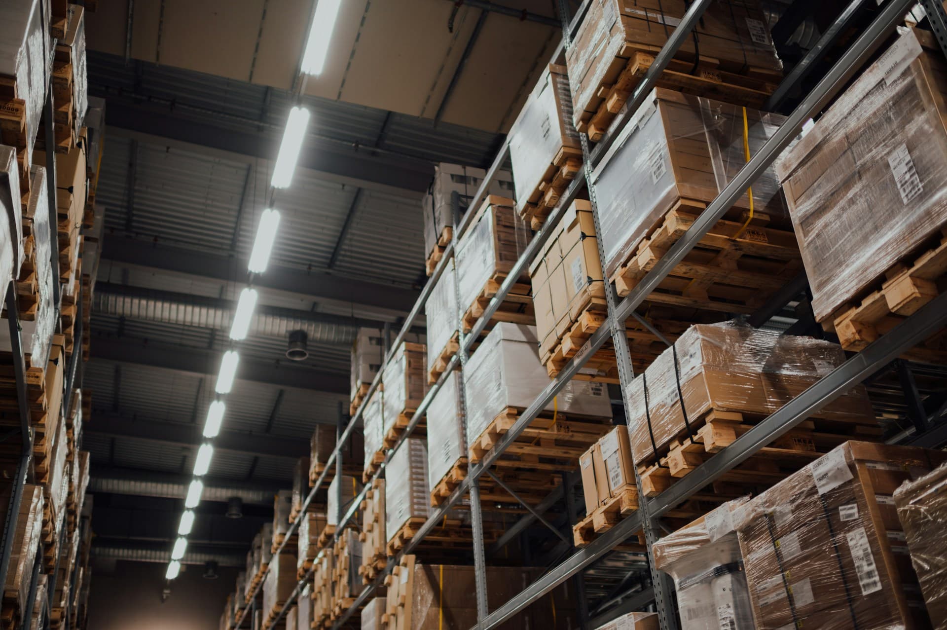 Warehouse interior with stacked freight